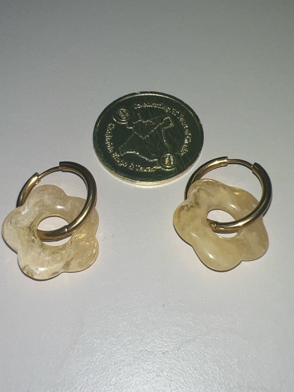 Gold Hoop Earrings with Cream Flower Charms - Women Jewelry - Picture 2 of 2